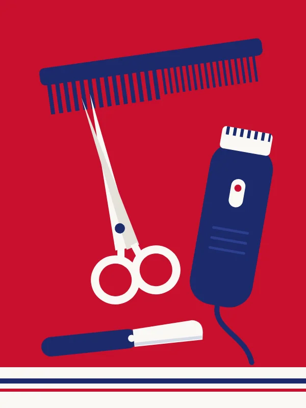 Illustration of barber tools: comb, scissors, clippers and a straight razor